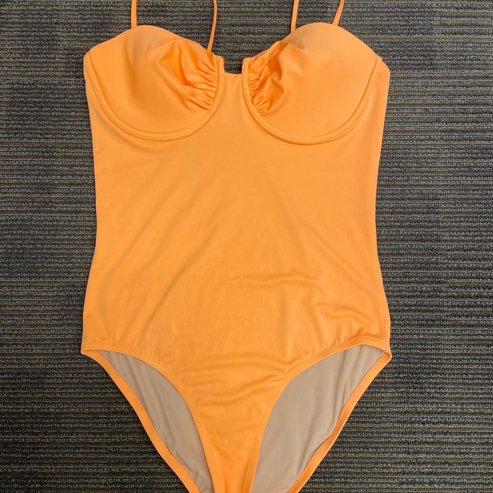 J CREW orange one piece swimsuit lined built in wired bra removable strap, sz 14